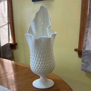 Fenton Milk Glass Vase  Hobnail Handkerchief Swung Vase Signed 14.25” tall